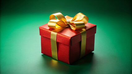 Obraz premium Red Christmas gift box with golden ribbon on a plain green background, isolated and clean.