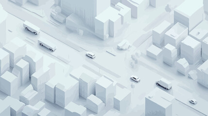 The image is a stylized, abstract representation of a city.  It features a bird's-eye view of geometrically simplified buildings and roads.  The color palette is entirely in shades of white and