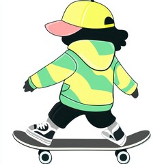 Fototapeta premium Cartoon Illustration of Person Skateboarding in Yellow and Green Hoodie