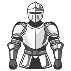 Knight in full armor standing in battle pose, black and white vector illustration