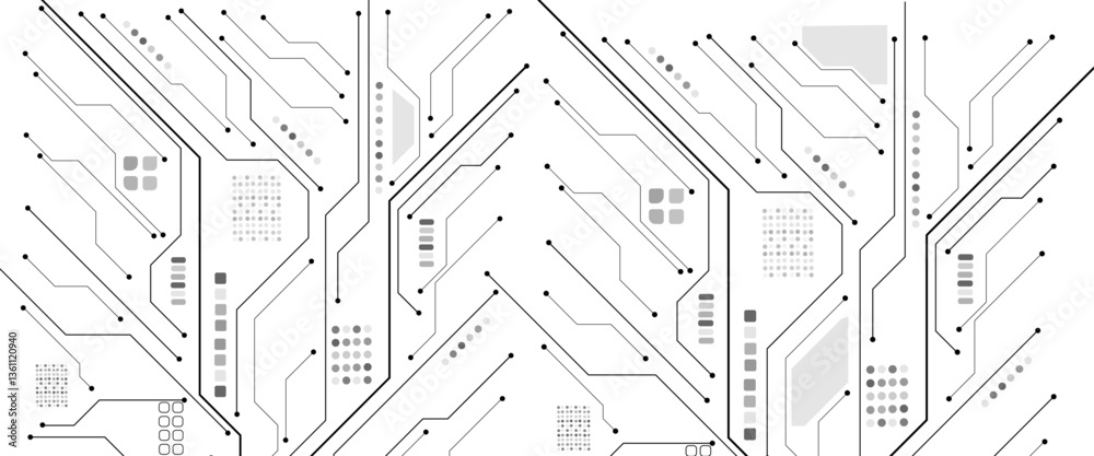 Aufkleber Vector technology lines circuit and dots on black and white background, circuit board network connection.