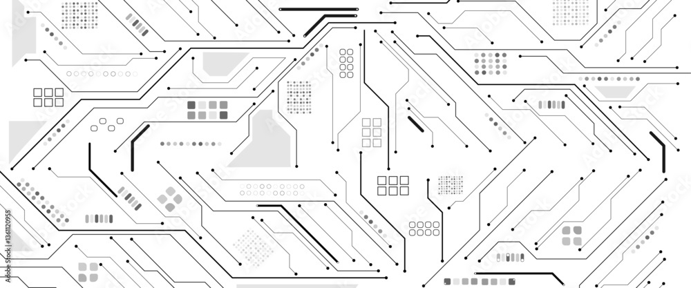 Aufkleber Vector technology lines circuit and dots on black and white background, circuit board network connection.