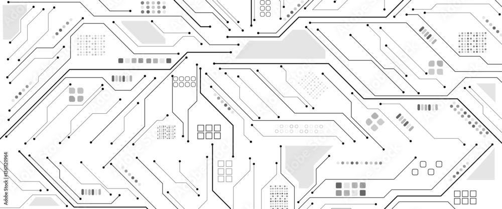 Poster Vector technology lines circuit and dots on black and white background, circuit board network connection.