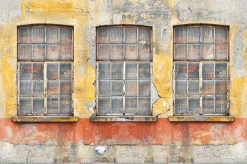 Fototapeta premium A weathered wall featuring three old windows with cracked paint and peeling layers, showcasing a blend of yellow and red hues.
