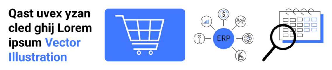 Shopping cart, ERP interconnected nodes, and magnified calendar highlight e-commerce, workflow planning, and organization. Ideal for business, technology, planning, logistics management commerce