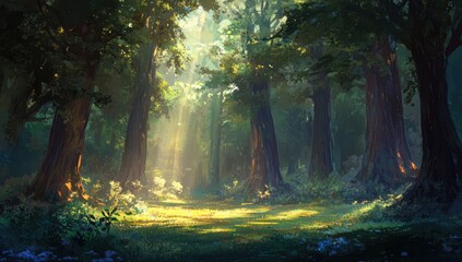 Sunlight streams through a lush forest.  Pathway through tall trees