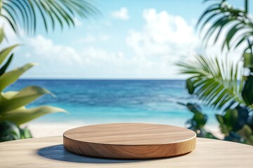 Obraz premium A serene beach scene featuring a wooden display platform surrounded by lush tropical foliage. with the ocean and a clear sky in the background. ideal for showcasing products or presentations