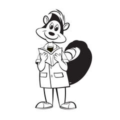 skunk cartoon reading a book in black outline vector art