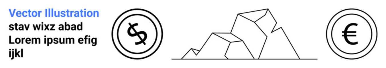 Dollar and euro symbols encircle a geometric mountain representing financial exchange, value comparison, and economic growth. Ideal for finance, banking, currency trading, economy, global trade