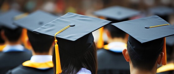 A close-up view of graduates wearing traditional black caps and gowns, celebrating their academic achievements in a joyful ceremony filled with anticipation and pride.