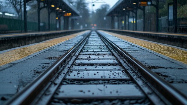 Empty train tracks at a station on a misty morning.