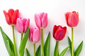 Obraz premium Bright pink and red tulips in full bloom on white background, flowers, colorful