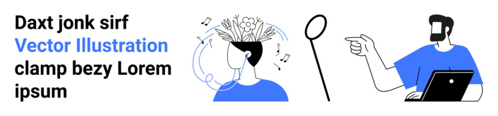 Brain bursting with ideas, music notes, and symbols, magnifying glass emphasizing investigation, man using a laptop. Ideal for creativity, idea generation, brainstorming, analysis innovation