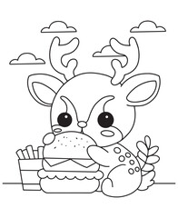 Coloring book deer eats a burger with fries among stylized leaves and clouds