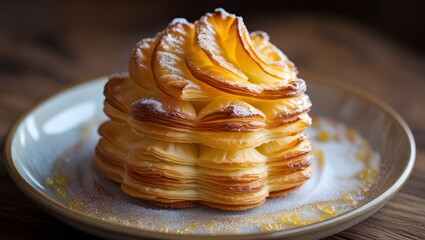 Elegant french pastry rose gateau with powdered sugar on ceramic plate