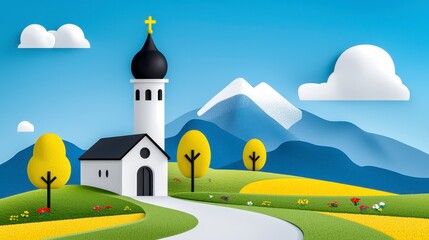 Naklejka premium Charming White Church in Yellow Fields and Mountain Scenery