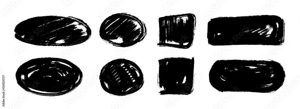 Poster dry paint stain set. black grunge ink frame box collection. brush stroke geometric element pack. han