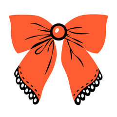 Red bow with black lace isolated on transparent background. Trendy hair braiding accessory. Hand drawn vector illustration.
