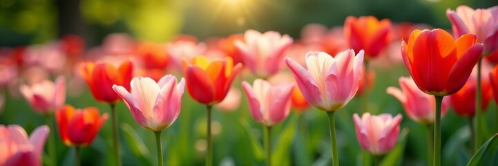 Fototapeta premium Daisy and tulip garden blooming in vibrant colors, vibrant, nature, garden