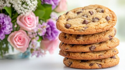 Stack of Delicious Chocolate Chip Cookies and Colorful Flowers