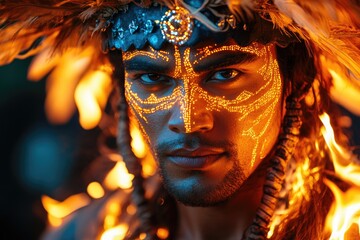 A tribal warrior showcases elaborate face paint decorated with glowing patterns, wearing feathers and ornaments. The backdrop features warm, glowing elements that enhance the cultural celebration