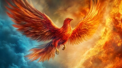 Obraz premium Majestic Phoenix Rising from Flames Against a Dramatic Sky