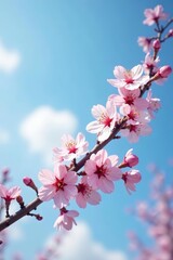 Obraz premium Delicate cherry blossom branches against blue sky backdrop, spring, blooming, floral