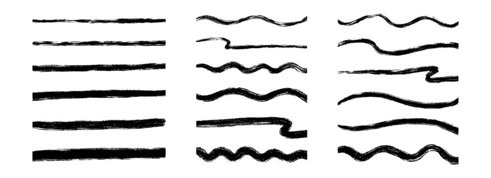 Straight and wave paint line set. Thin to thick sketch brush stroke collection. Rough charcoal curved stripes for highlight, underline, emphasis. Vector hand drawn long and short crayon chalk strips