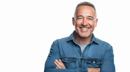 Joyful Middle-Aged Man in Denim Shirt with Relaxed Smile