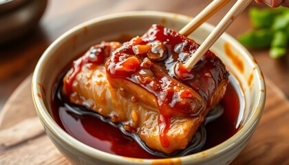 Glistening braised pork belly, tender, rich sauce, chopsticks, bowl,  umami, asian food