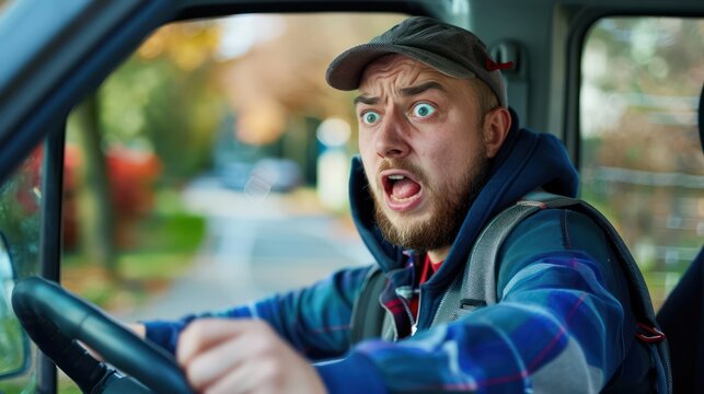 a delivery driver wearing a torque looking frightened