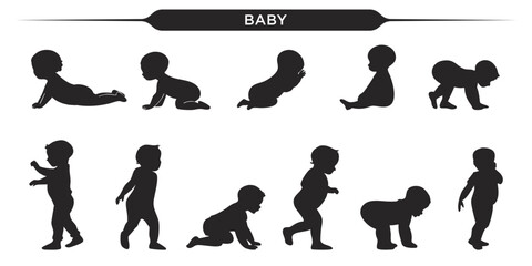 Vector illustration of baby silhouettes in various poses