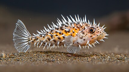 A close up view of a spiked venomous marine fish with an elongated body and sharp teeth adapted for survival in its exotic underwater habitat