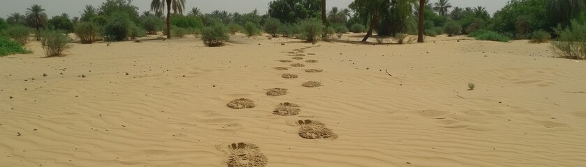 Obraz premium A desert landscape featuring distinct animal footprints etched in the sand, surrounded by sparse vegetation and palm trees in the background.