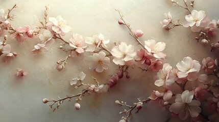 Natural scattering of plum blossoms, flowing arrangement with soft pink and creamy white petals, glowing highlights and a smooth, pastel-toned backdrop, serene and artistic, hd quality. --ar 16:9