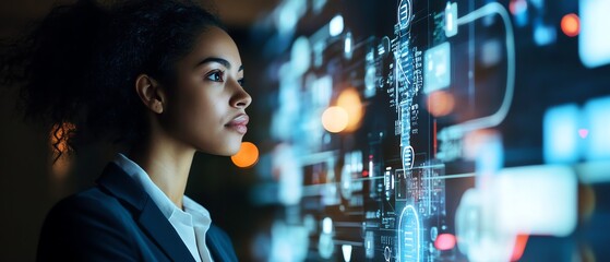 A professional woman engages with digital data displayed on a futuristic interface, showcasing innovation and the integration of technology in modern business environments.