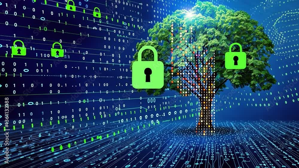 Poster digital tree of growth symbol of security and innovation in data protection with padlocks and binary