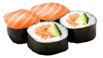 Fresh Sushi Rolls and Slices of Salmon on a White Background for Culinary Delights and Dining