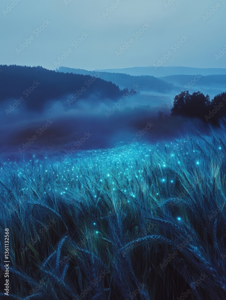Aufkleber surreal fantasy wheat field illuminated by bioluminescent energy with mist rolling over the horizon 