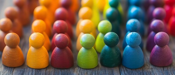 A vibrant collection of colorful wooden figures arranged in rows