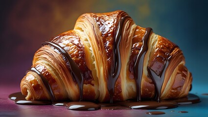 Decadent delight: a close-up of a croissant drizzled with rich chocolate
