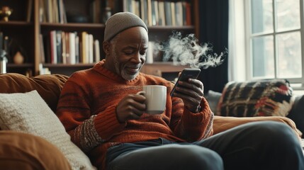 Obraz premium 20.A senior African American man dressed in casual clothing, holding a steaming coffee mug in one hand while checking his smartphone, sitting comfortably on a plush sofa in his cozy living room.