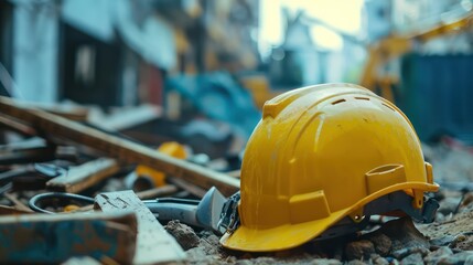 Fototapeta premium A close-up of a yellow safety hard hat placed on a construction site with scattered tools and equipment, emphasizing workplace safety in hazardous environments.