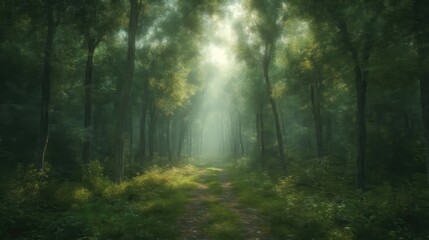 Fototapeta premium Misty forest path. Lush greenery. Sunlight filters through trees