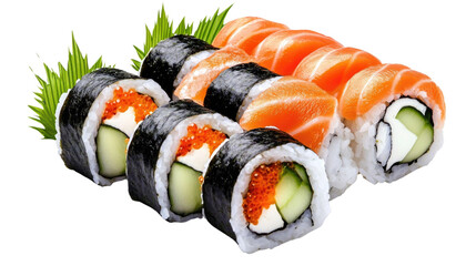 Fresh Sushi Platter Featuring Colorful Rolls with Salmon and Avocado on a Black Background