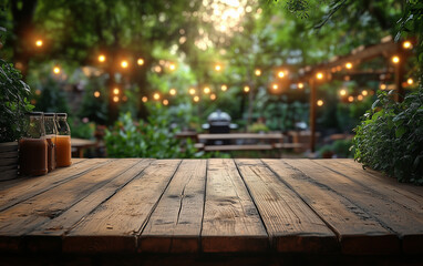 A rustic wooden table sits in a peaceful garden setting, surrounded by greenery and potted plants. 