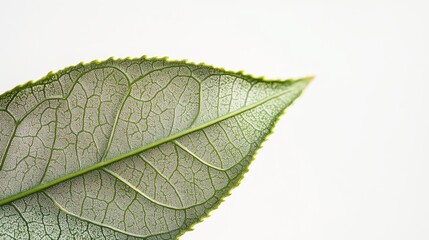 Obraz premium 62.A close-up shot of a vibrant green tea leaf placed delicately against a pure white background, showcasing its smooth texture and vivid color with veins clearly visible.