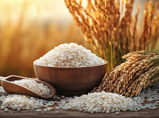 rice in wooden bowl next to wheat stalks
