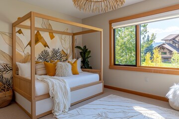Step into a realm of serene sophistication with this earthy minimalist bedroom, where modern boho accents weave a tapestry of tranquility The focal point is a stunning wooden daybed, inviting
