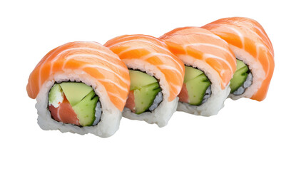 Fresh Salmon Sushi Rolls with Cucumber and Cream Cheese on a White Background